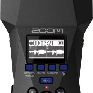 Zoom H1 XLR handheld audio recorder with dual XLR/TRS inputs, LCD display, and front control buttons