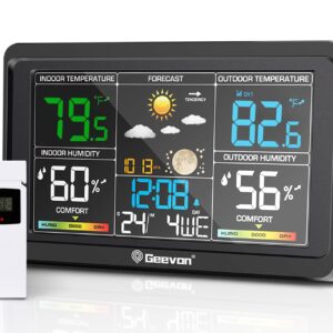 Digital indoor-outdoor weather station showing temperature, humidity, barometer, calendar, and forecast