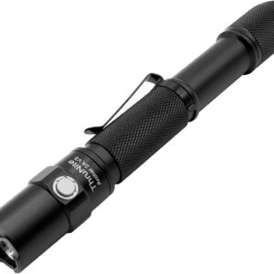 Compact black LED flashlight with textured grip, pocket clip, and dual switches for hiking or emergencies