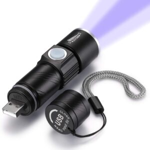 Compact USB-rechargeable UV flashlight with wrist strap and bright LED beam