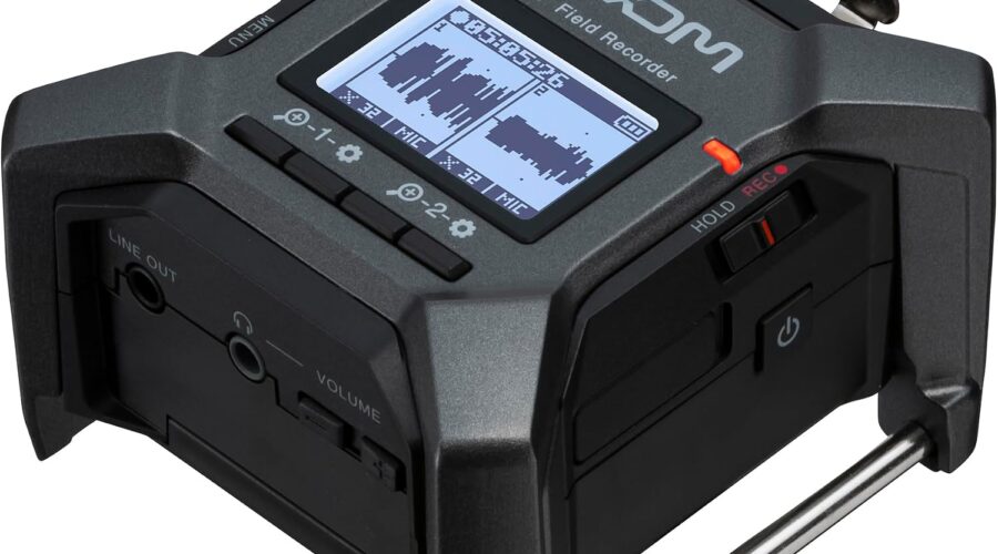 Zoom F3 field recorder with dual XLR inputs and LCD display for professional audio recording