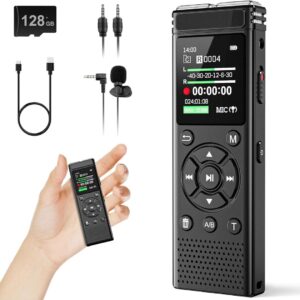 Portable digital voice recorder with built-in mic, headphones, remote control, and 128GB storage