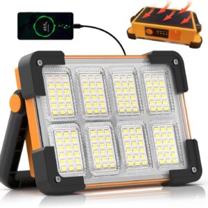 Portable rechargeable LED work light on adjustable stand with fold-out panels for camping and job sites