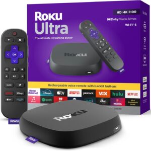 Roku Ultra streaming player with rechargeable voice remote for 4K TV streaming