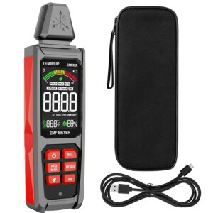 TEMIRUP handheld EMF meter with color LCD, carrying case, and USB charging cable.