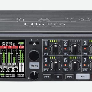 Zoom F8n Pro field recorder with 8 inputs, front knobs, and LCD screen