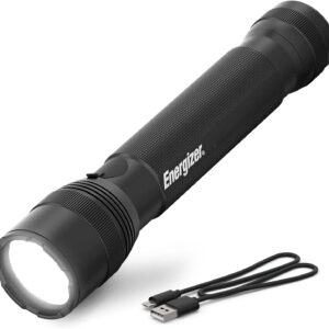 Black Energizer TacR-1000 rechargeable LED tactical flashlight with USB charging cable