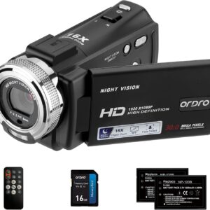 ORDRO V12 night vision camcorder with remote, 16GB card, and two rechargeable batteries