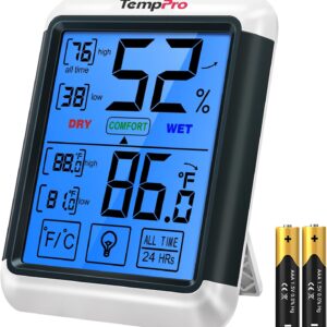 Digital indoor thermometer and hygrometer with large backlit touchscreen display and included battery