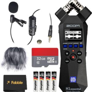 Zoom H1n audio recorder kit with lavalier mic, windscreen, 32GB microSD card, batteries, and case