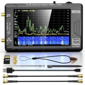 Portable SeeSii ZS-407 spectrum analyzer with screen, antennas, and accessories for RF signal testing