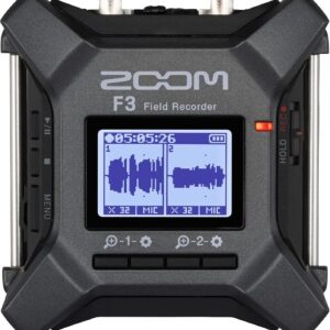 Zoom F3 field recorder with digital display, control buttons, and dual XLR/TRS inputs