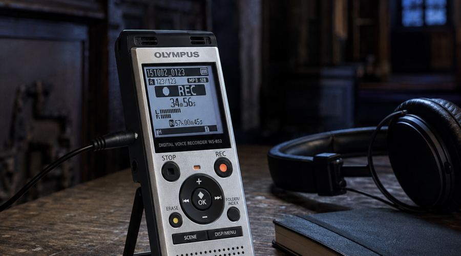 Olympus digital voice recorder with headphones on a wooden desk in dim light