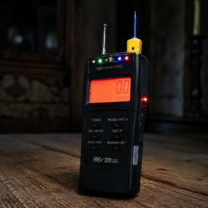 Digital EMF and temperature detector with red display and antenna on a rustic wooden table