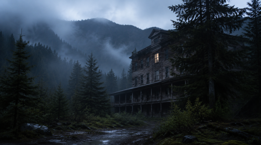 Abandoned mountain lodge in a misty evergreen forest at dusk