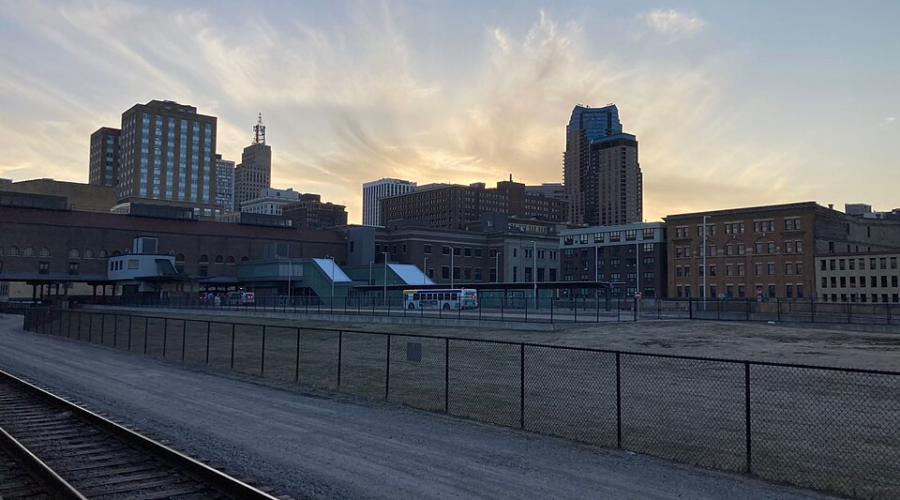 Saint Paul Minnesota skyline at night near haunted historic locations