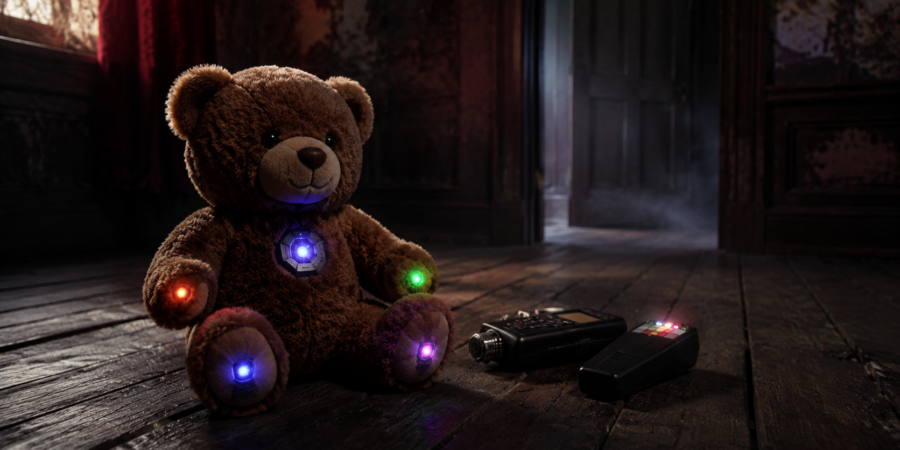 Creepy teddy bear with glowing multicolored lights on a dark wooden floor in a dimly lit room