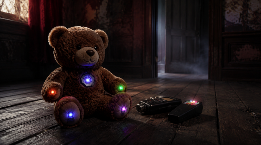 Creepy teddy bear with glowing multicolored lights on a dark wooden floor in a dimly lit room