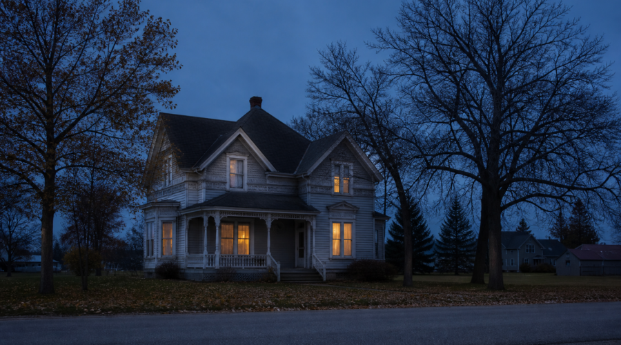 AI-generated editorial illustration of a historic Minnesota house at dusk, inspired by the Boyd House setting