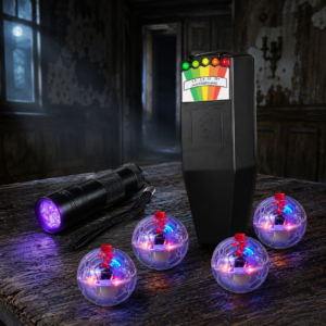 Dunzy ghost hunting kit with glowing EMF meter, flashlight, and four illuminated sensor spheres
