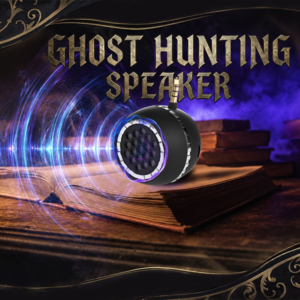 Tellegloww ghost hunting box speaker emitting blue sound waves above vintage books
