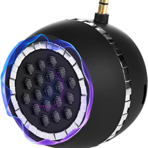Black Tellegloww portable speaker with silver grille and a 3.5mm plug on a white background