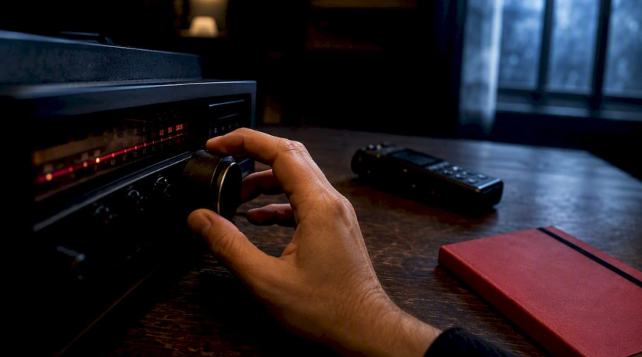 Investigator adjusting an anonymous spirit box tuner