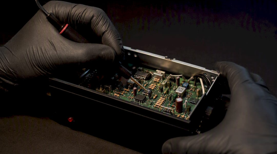 Close-up of theremin-style circuit under inspection