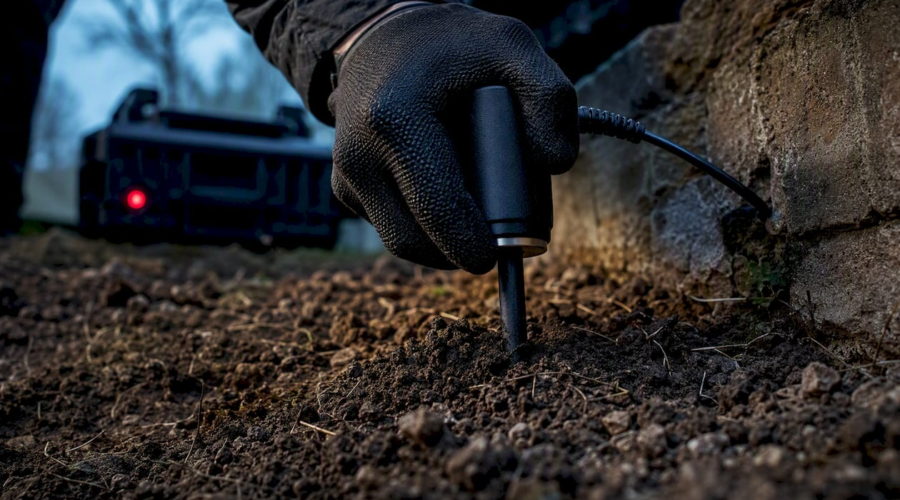 Sensor spike pressed firmly into damp field soil