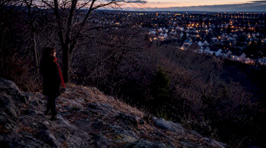 Person on a wooded hillside overlooking town lights at dusk