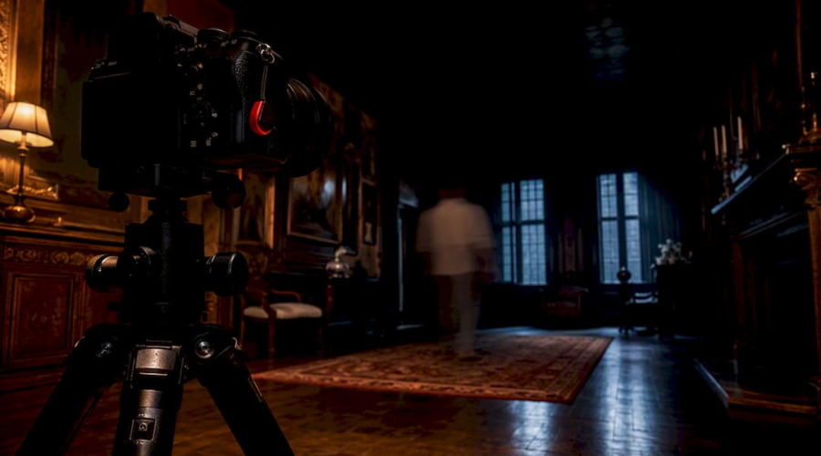Long exposure camera setup in dark interior