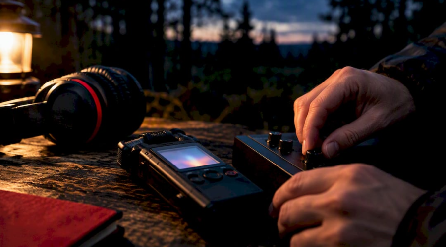 Investigator recording spirit box session outdoors