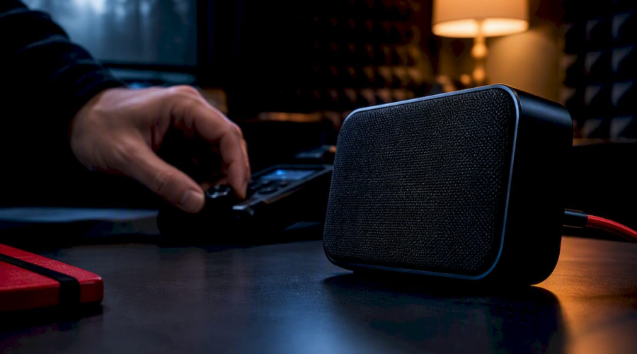 Digital recorder beside a white noise speaker