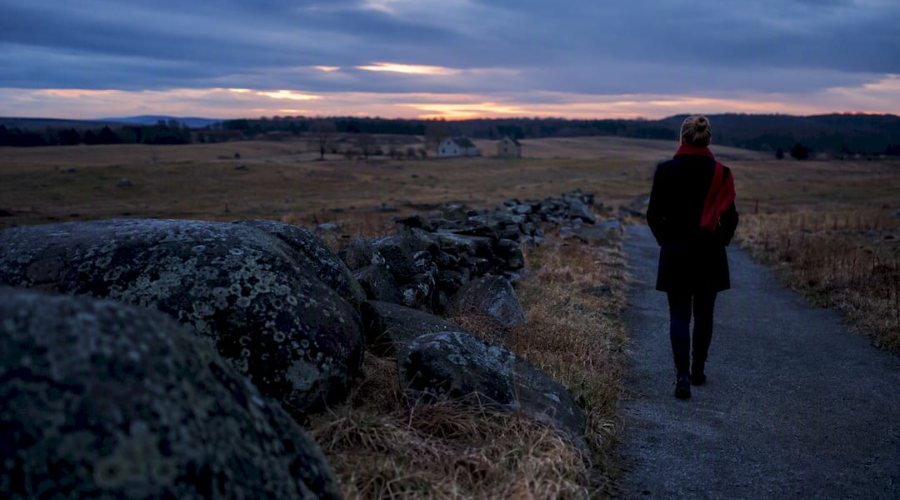 Gettysburg battlefield landscape at dusk