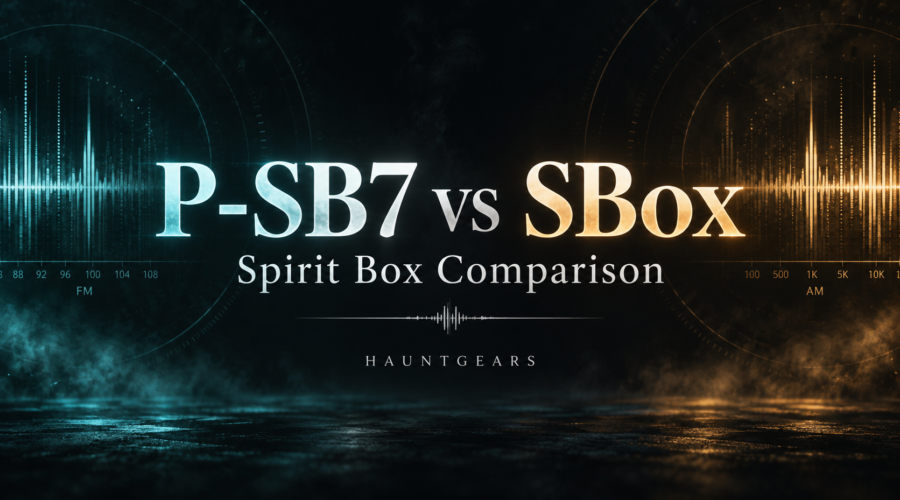 P-SB7 vs SBox spirit box comparison with teal and amber radio waveforms