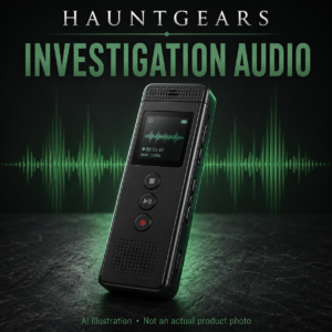 AI illustration of a handheld digital voice recorder with green audio waveforms for ghost hunting investigations.