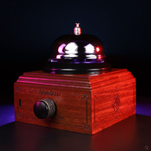 GhostStop Dead Bell with vintage metal bell and carved red mahogany base