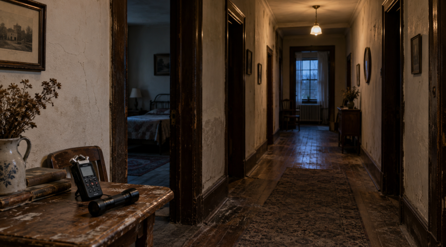 AI illustration for the Malvern Manor guide: dim hallway with an audio recorder and flashlight on a wooden table.