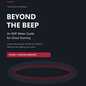 Beyond the Beep ebook cover, a HauntGears EMF meter guide for ghost hunting with three printable worksheets