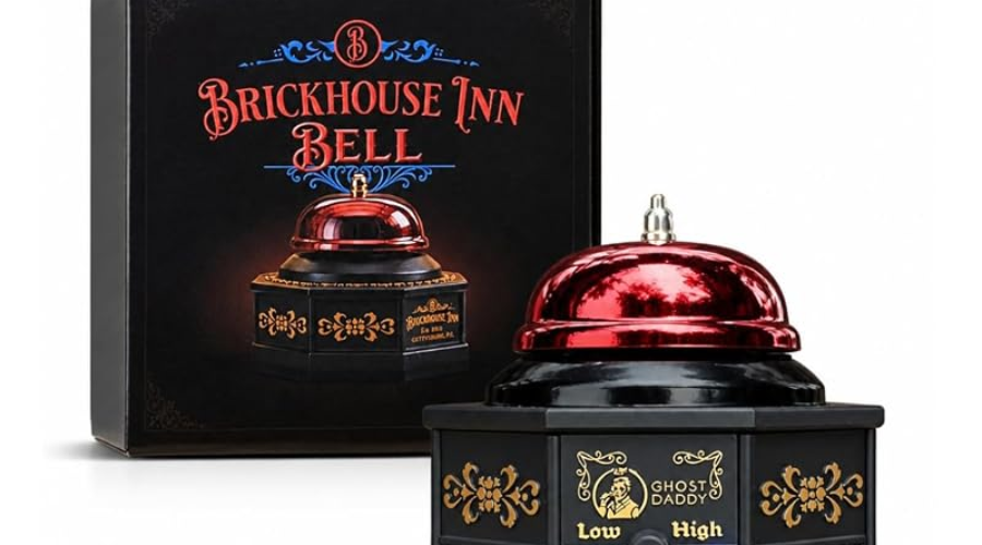 Brickhouse Inn Bell with a red bell, black-and-gold base, sensitivity dial and USB-C port.