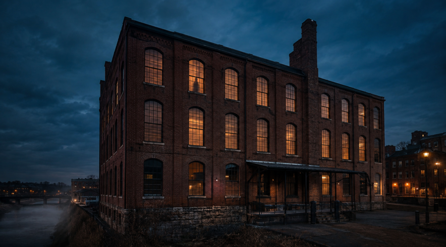 Historic brick shoe factory in Lynchburg, Virginia, at dusk