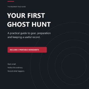 Cover of Your First Ghost Hunt, a HauntGears beginner field guide with three printable worksheets