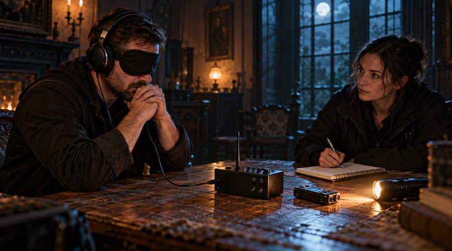 Illustration of an Estes Method setup with a blindfolded listener, wired headphones, spirit box and recorder.