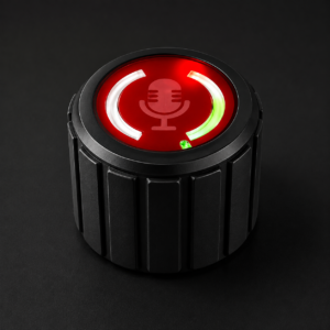 AI illustration of the SPIKE EVP Sound Sensor with black ribbed casing, red top and illuminated sound-level ring
