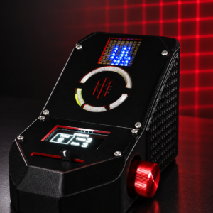 GhostStop GS2 Laser Grid System with illuminated displays and red grid background, product illustration