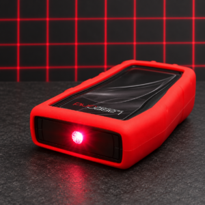 GhostStop GS1 red laser grid projector with protective boot, product illustration