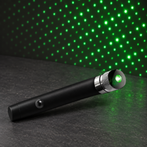 GhostStop Laser Grid Scope pen with silver lens head and green dot background, product illustration