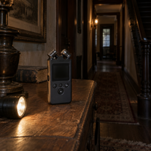AI-generated illustration of a handheld stereo audio recorder on a table in a dim hallway; not a DR-05XP product photo