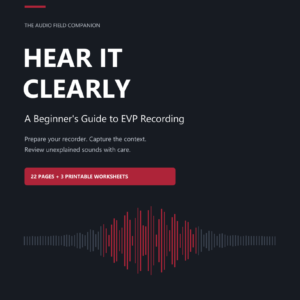 Hear It Clearly ebook cover, a HauntGears beginner guide to EVP recording with three printable worksheets