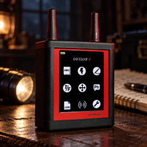 Illustration of an Ovilus 5B ghost box with two antennas, red faceplate and touchscreen on an investigator’s desk